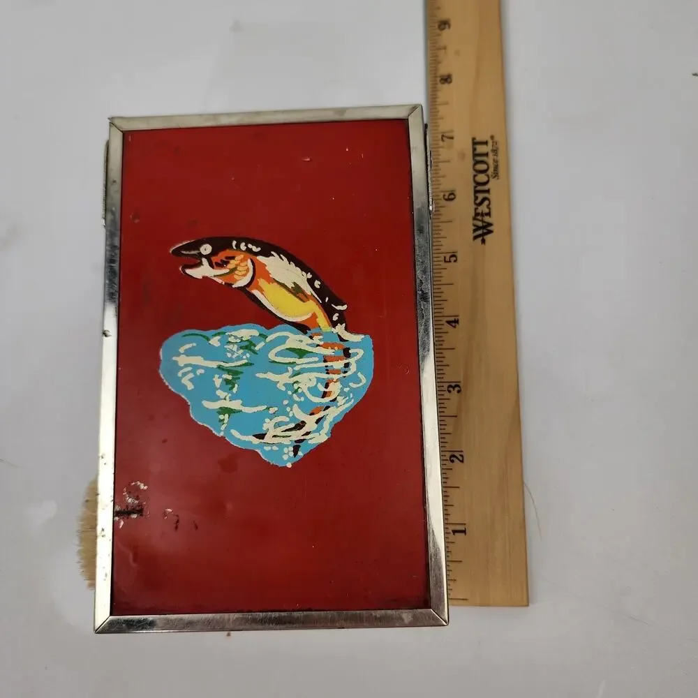Vintage Red Metal Folding Travel Shaving Kit w/ Brush Bowl & Mirror Fish / Water